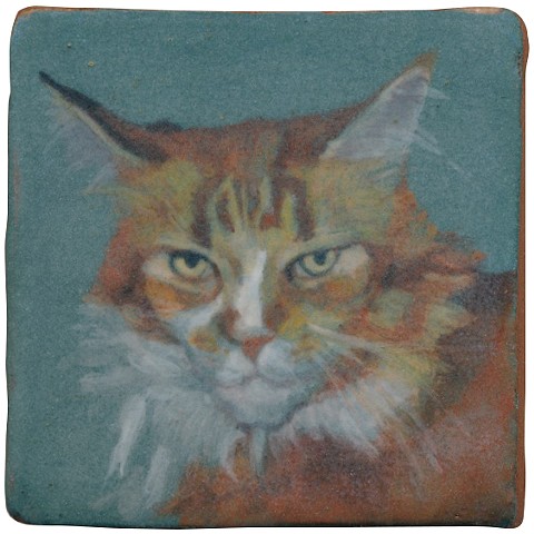 Ceramic handmade tile, hand painted with underglazes, high-fired, cat portrait of a Maine Coon by Chantelle Norton.