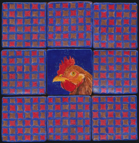 Ceramic handmade tile, hand painted with underglazes, high-fired, chicken portrait and pattern tiles by Chantelle Norton.