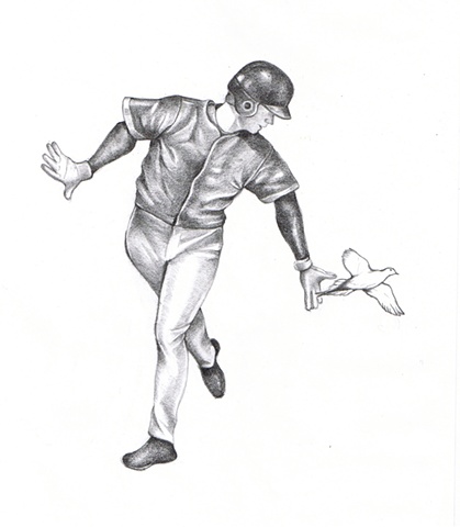 Pencil drawing on paper of a baseball player with a dove bird by Chantelle Norton.