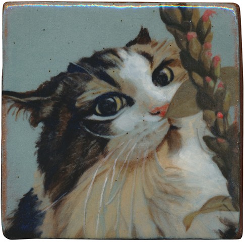 Ceramic handmade tile, hand painted with underglazes, cat portrait by Chantelle Norton.