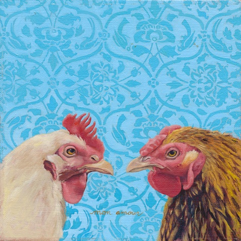 Oil on canvas of two chickens, wallpaper background.
