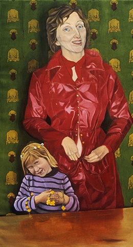 Oil painting on canvas of a mother in red raincoat and little girl with surreal wallpaper background by artist Chantelle Norton.
