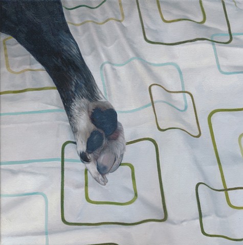 Oil painting of a dog paw on a geometric pattern by Chantelle Norton.