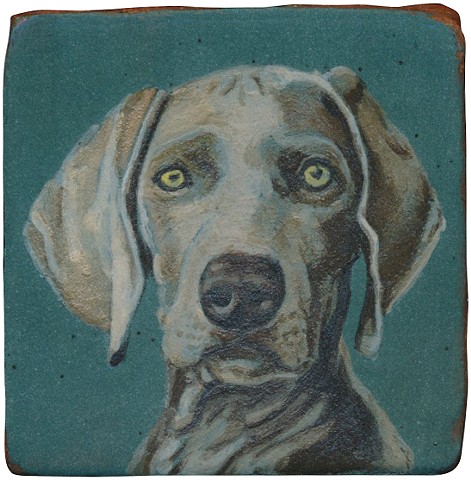 Ceramic handmade tile, hand painted with underglazes, high-fired, dog portrait of a Weimaraner by Chantelle Norton.