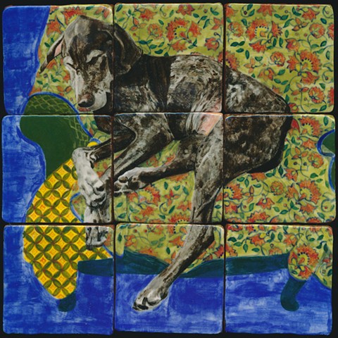 Custom ceramic handmade tiles, hand painted with underglazes, high-fired, dog portrait with intricate pattern detail by Chantelle Norton.