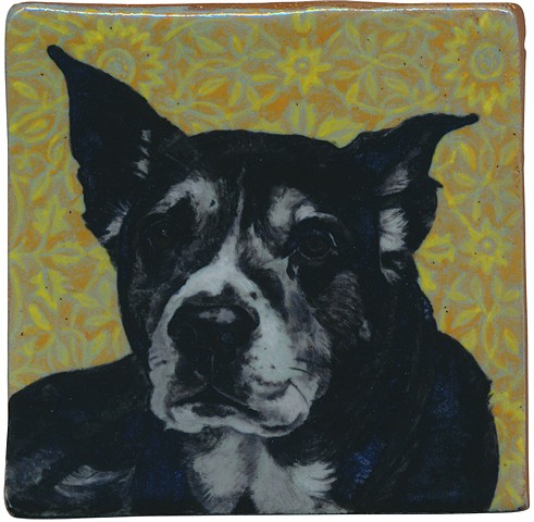 Ceramic handmade and handpainted tile of a black dog named Callie, by Chantelle Norton.