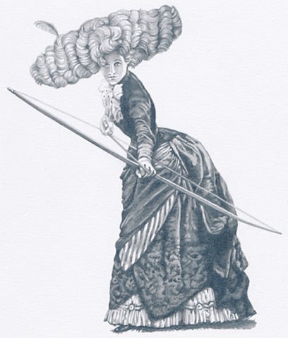 Pencil drawing of the goddess Artemis in Victorian dress and elaborate hair style by Chantelle Norton.