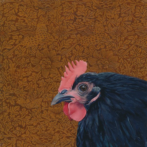 Black chicken oil painting, patterned wallpaper background, by artist painter Chantelle Norton