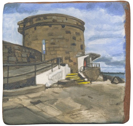 Ceramic handmade tile, hand painted with underglazes, high-fired, landscape of Martello Tower at Seapoint, Dublin, Ireland by Chantelle Norton.