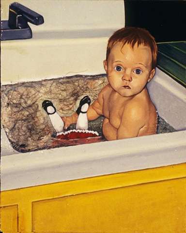 Oil painting with hair on panel of a baby in sink by artist Chantelle Norton.
