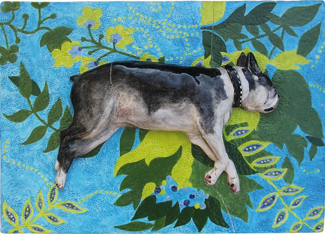 Ceramic porcelien bas relief sculpture of a Boston Terrier dog on pattern rug by Chantelle Norton.