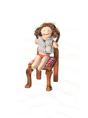 Drawing on paper of doll in chair by Chantelle Norton.