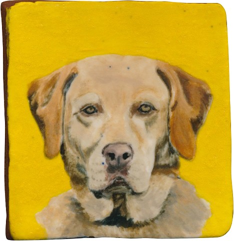 Ceramic handmade tile, hand painted with underglazes, high-fired, dog portrait of a Labrador Retriever by Chantelle Norton.