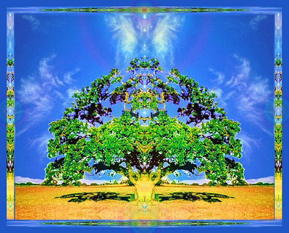 oak tree with cloud angel wings, altar art, symmetrical beauty