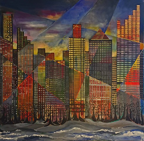 Cityscape Abstract, illuminated buildings rising beyond waters edge.