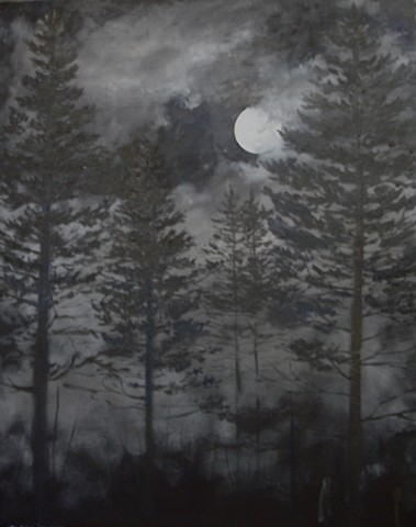 foggy moon beyond the trees