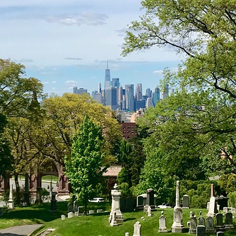 Doug Clouse, New York City seen from Green-Wood Cemetery in Brooklyn; The wealth of the city shaped the styles of lettering in Green-Wood. 