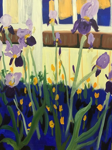 purple iris, greens, oranges, yellows, floral, more abstract version.
