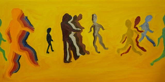 abstract colored figures symbolically depict a march through life the real self and shadow self oil painting by Judith Gilman