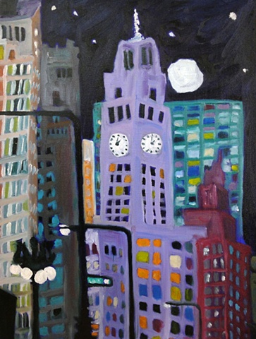 The night sky coats the glowing building as it becomes time to sleep, darj blues, city scape, purple, green, moon, night view