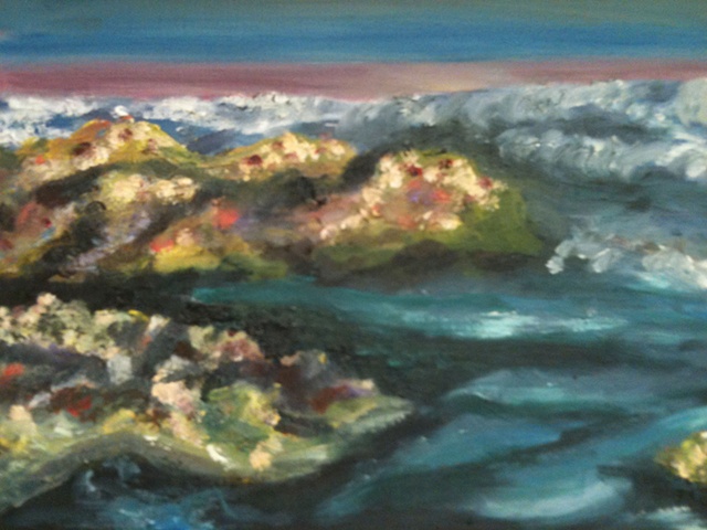 oil painting by Judith Gilman; colorful rocks, deep blues, seascape