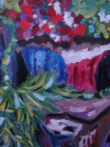 This painting is a colorful interpretation of a bank of large garden rocks.