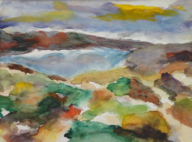 blended colors, greens, yellows, brown, interpretive view, plains, blue mountains, lake, by Judith Gilman