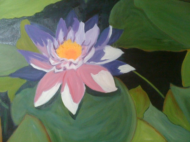 Greens, large lily, purple shade, white, large lily pad leaves, yellow
