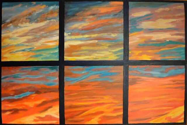 a separated by colored panes the painting dipicts stages of a bright sunset