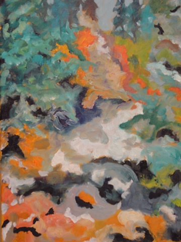 Oil painting by Judith Gilman--Oranges, tourquoise, and greens render this abstract impression of a mountain stream.