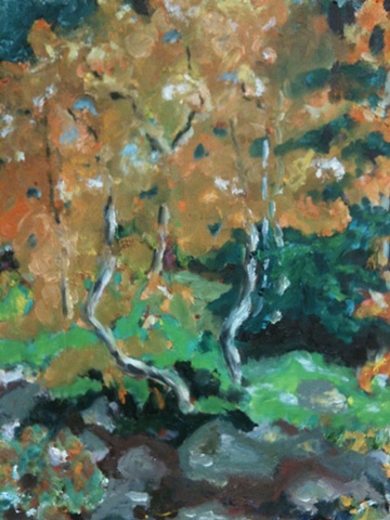 Oil painting by Judith Gilman; curvy, flowing white apspen trunks support fall leaves of yellows,golds, oranges,and greens.