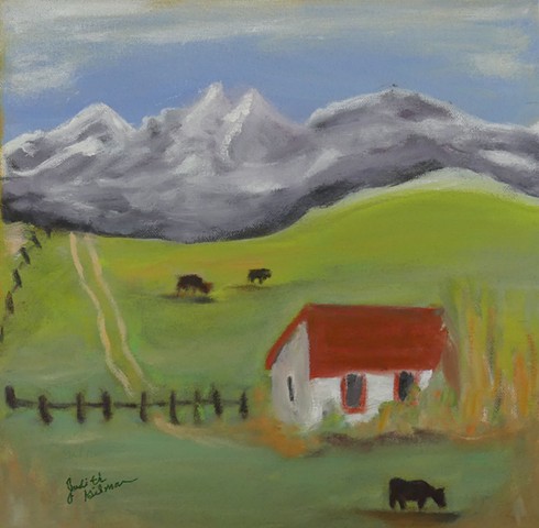 Peaceful, square foot, greens, blues, red, yellow, tranquil ranch scene