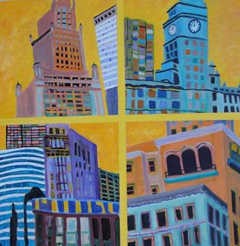Striking colors convey the active nature of Chicago's spirit in four  frames, yellow, blues, tourquoise, purple, sand color, city scape