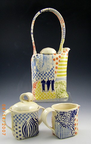 white stoneware teapot set, collaged ####