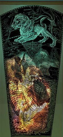 Ghost Ship detail, woodcut with digital video projection and rear lighting