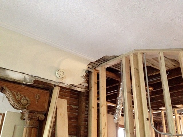 Historic 1906 home during renovation. Re-creating existing swan neck plaster coving before and during