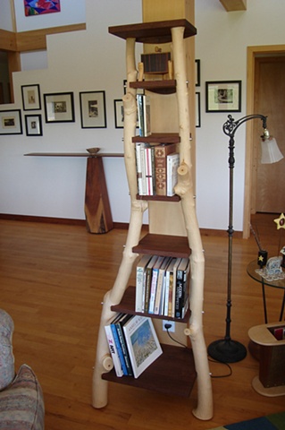  Custom made Branch Bookshelf: peeled pine branches and walnut shelves
