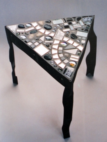 unique one of a kind statement Mosaic table including sandblasted recycled Steel and Collage tiles small artworks within the piece