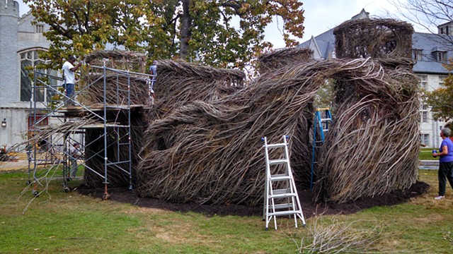 Patrick Dougherty Stickwork Project "Walk on the Wild Side nearly complete