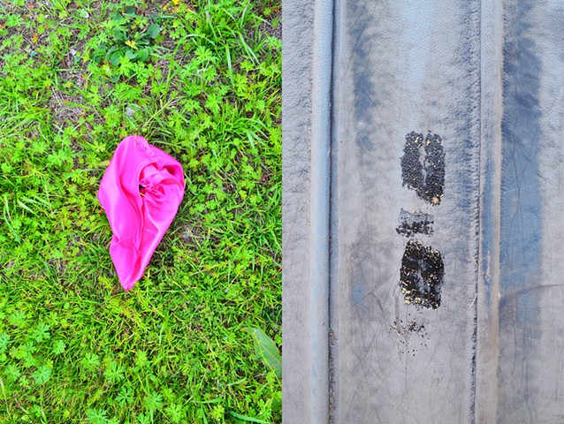 photograph of pink yonic fabric green grass footprint metal by Robyn LeRoy-Evans