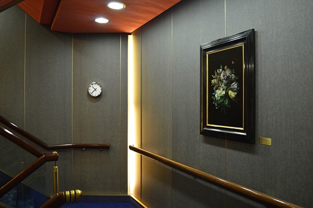 photograph of stairwell clock floral painting cruise ship interior by Robyn LeRoy-Evans