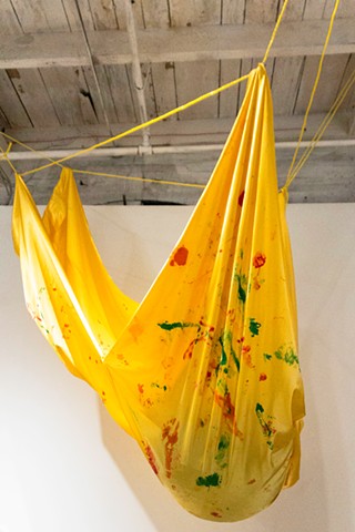 fabric art installation yellow satin painting by Robyn LeRoy-Evans