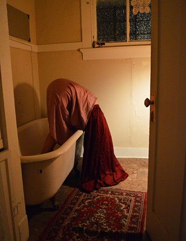 photograph of woman surreal bathtub voyeur bathroom drapery night by Robyn LeRoy-Evans