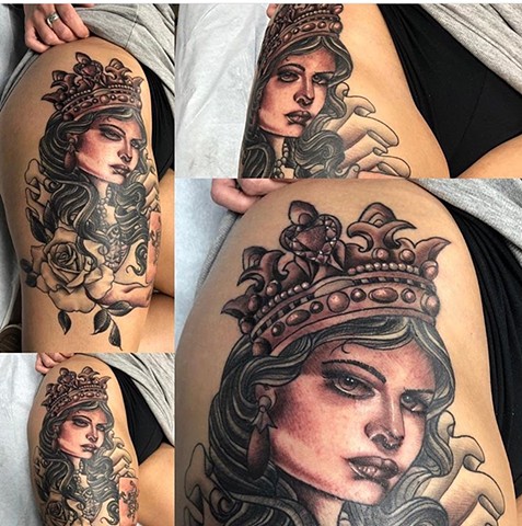 Black and grey queen with roses Strange World Tattoo Calgary Alberta