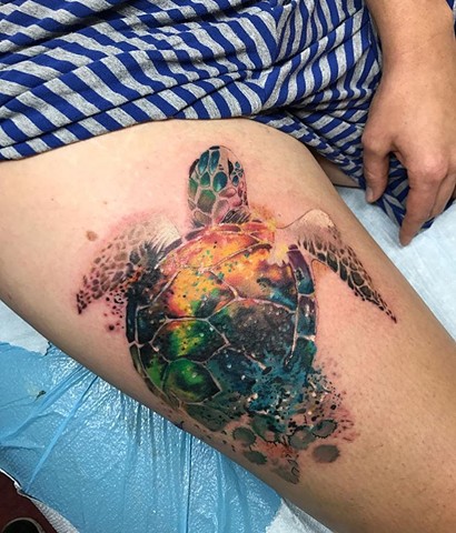 watercolour turtle tattoo on upper thigh Strange World Tattoo Calgary Alberta Canada