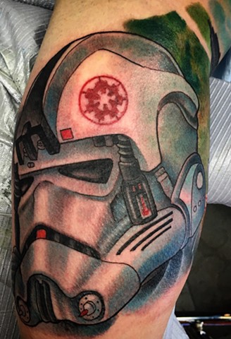 Star Wars storm trooper helmet tattoo by Brett Schwindt at Strange World Tattoo in Calgary, Canada