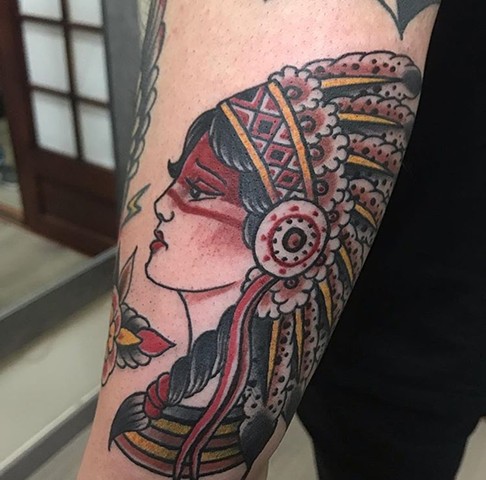 Native tattoo Native woman with head dress tattoo Strange World Tattoo Calgary Alberta canada tattoo artist's 