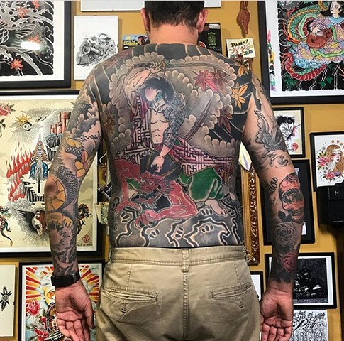 full Japanese back-piece and sleeves tattoo Strange World Tattoo Calgary Alberta Canada 