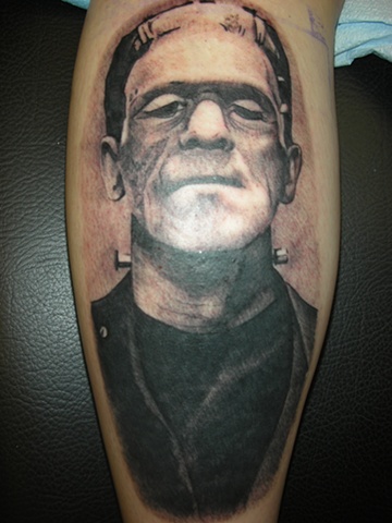 Frankenstein tattoo in black and grey 