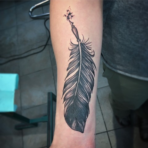 black and grey feather writing quill by Kristin of Strange World Tattoo 